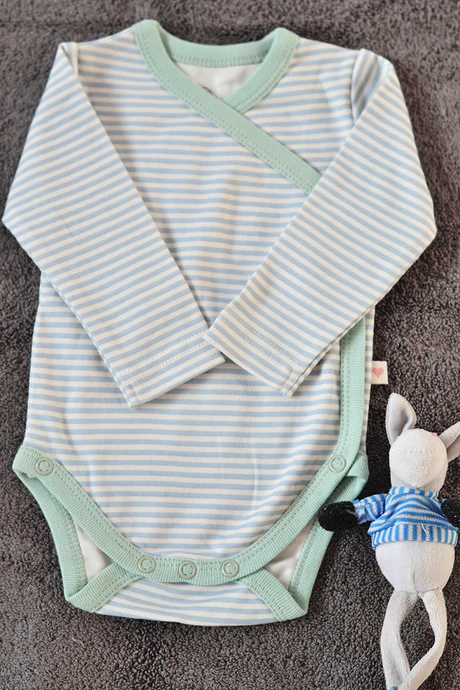 Mint blue striped unisex full sleeve kimono onesie in organic cotton