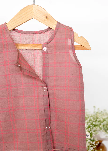 Big brown bear hug unisex jhabla in warm sand and pink handwoven cotton checks