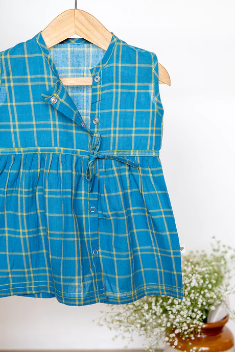 Happy as a clam girls jhabla in blue handwoven cotton checks