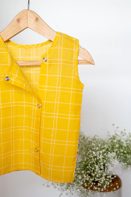 Joys of spring unisex jhabla in yellow handwoven cotton checks